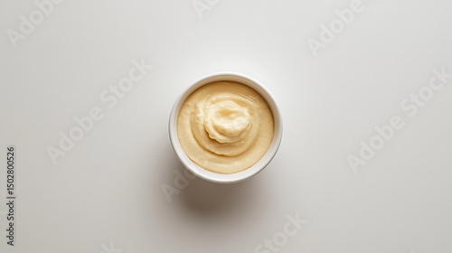 A bowl of creamy yellow sauce on a white surface