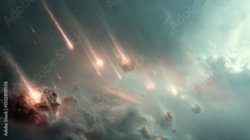 Fragments of a massive asteroid rain down toward Earth, creating a dramatic scene of fiery streaks and cosmic debris entering the atmosphere