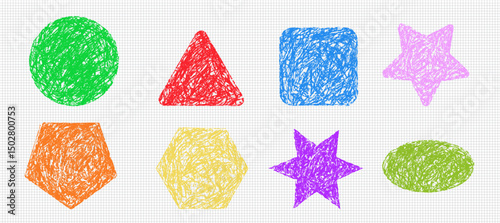 Childlike Crayon Shapes easy to edit colorful circles, triangles, squares, stars, and more, drawn with chunky, broad strokes