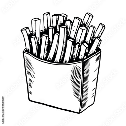 A sketch of a container filled with French fries. The fries are thin and crispy, arranged upright in a rectangular box. The drawing is simple and monochrome.