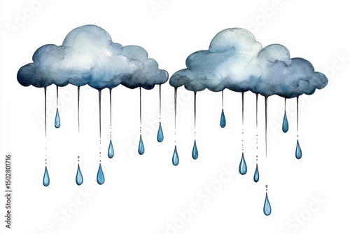 Two Gray Watercolor Storm Clouds with Rain Drops Illustration on White Background