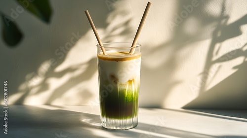 Iced Matcha Latte with Straws in a Glass