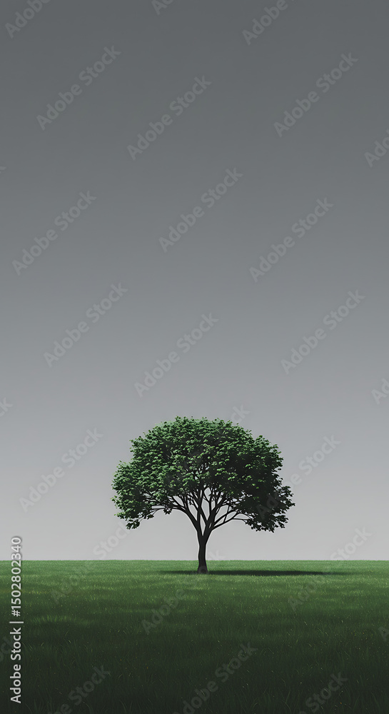Obraz premium Solitary Tree in Lush Green Field Under a Grey Sky Nature Landscape Serenity