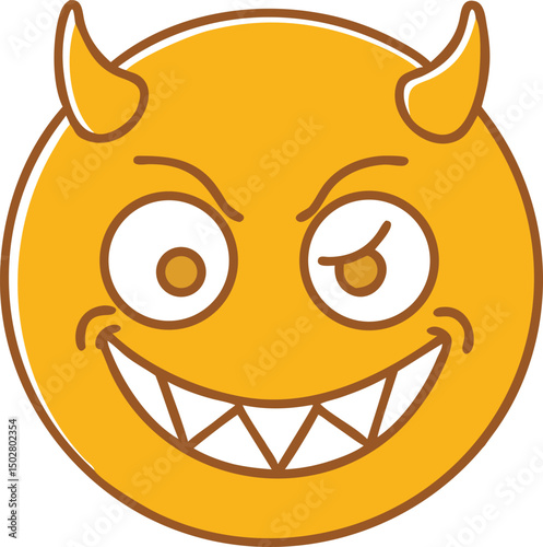Mischievous Emoji Expression: A vector illustration of a yellow emoji with horns, a sly grin, and a wink, portraying a sense of cunning and playfulness.