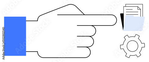 Human hand pointing right, focusing on document folder and gear. Ideal for workflow, process, productivity, management, organization, teamwork, automation simple landing page