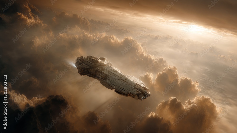 Naklejka premium A massive derelict spacecraft slowly drifts through the void of space, weathered and abandoned, evoking mystery and forgotten missions