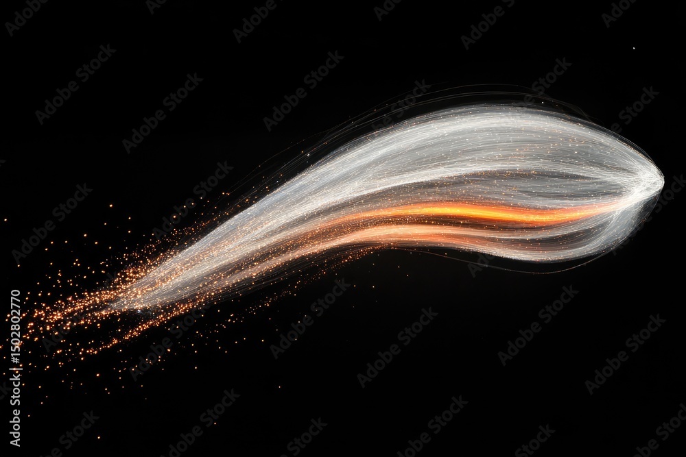 Obraz premium Abstract, ethereal, light trails forming a smooth, curved shape against a black backdrop. Orange and white streaks and particles