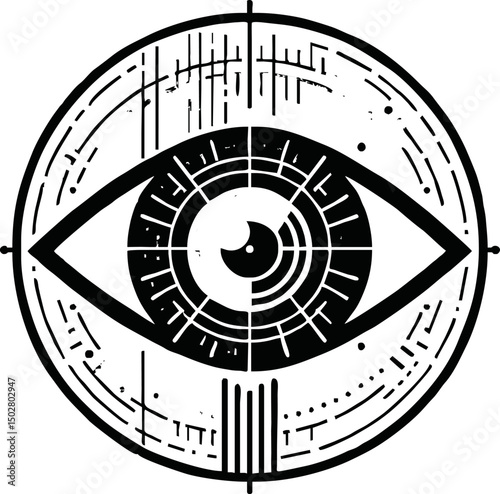 Flat vector icon of a futuristic eye scanning digital data, retina, biometric theme, minimal design, white background