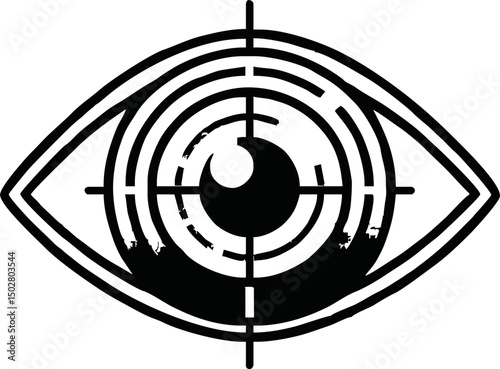 Flat vector icon of a futuristic eye scanning digital data, retina, biometric theme, minimal design, white background
