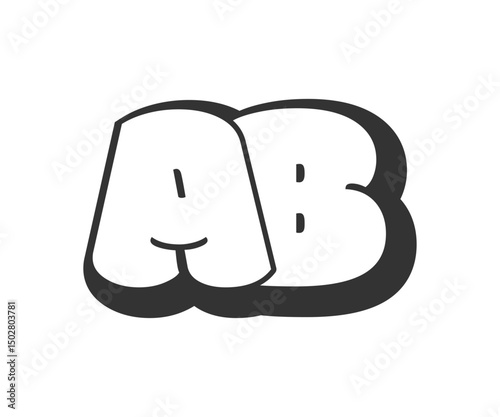 AB logo, bubble comic lettering, rounded in graffiti style black and white silhouette. Trendy preschool A and B letter text for festival party, personal initials, children funky print and web.