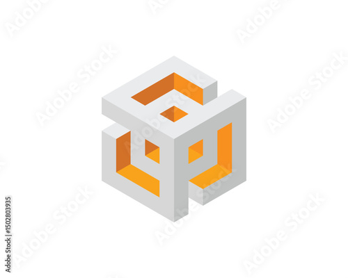 Abstract isometric cube design.  Gray and orange geometric shapes create a modern, minimalist, and innovative visual.  Perfect for tech, architecture, or corporate branding.