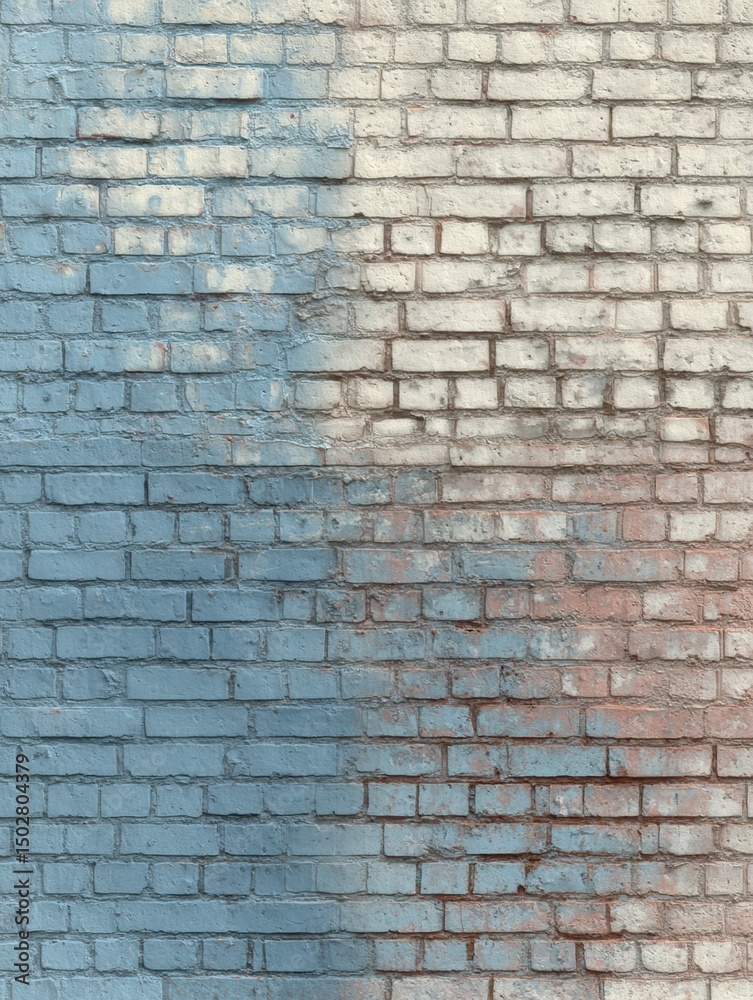 Obraz premium Brick Wall Texture Transitioning Into Blueprint Design With a Central Fade Creating an Artistic Blend of Materials and Concepts