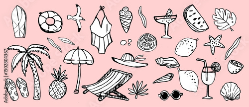 Summer beach vibes: tropical elements and refreshing drinks in black and white doodles. dolce vita summer doodle vector illustration. Italian style.