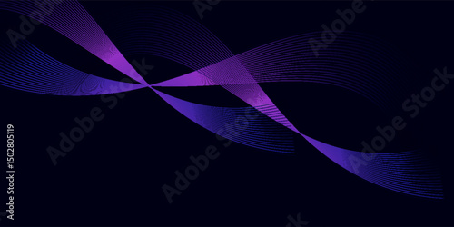 Dark abstract background with glowing wave. Shiny moving lines design element. Modern purple blue gradient flowing wave lines. eps 10
