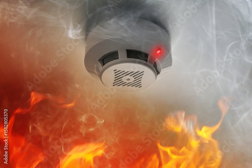 Fire alarm system detector on ceiling triggered by smoke and flame photo