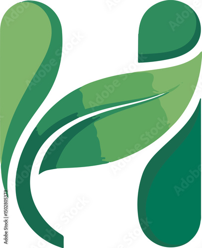Stylized letter H has vibrant green leaves incorporated into its structural form, set on transparent background