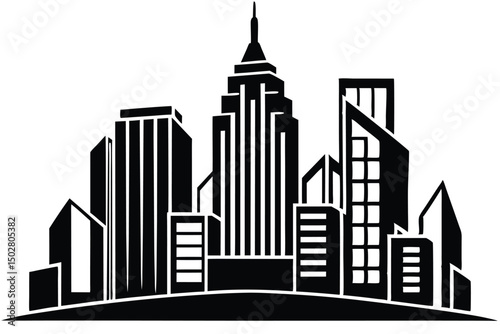 Black and white skyline of a modern city with tall buildings