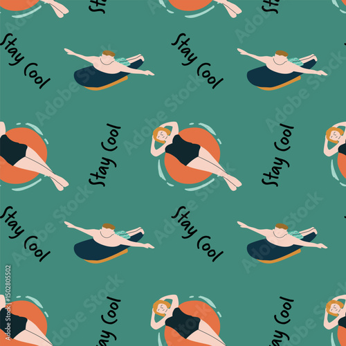 Seamless summer pattern with floating swimmer and 'stay cool' text.