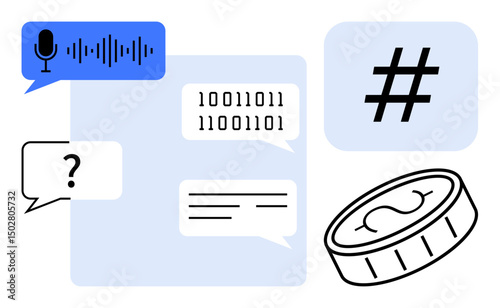 Speech bubble icons with microphone, binary code, metadata tag, and currency coin indicating communication, technology, and finance. Ideal for social media, AI, coding cryptocurrency and simple