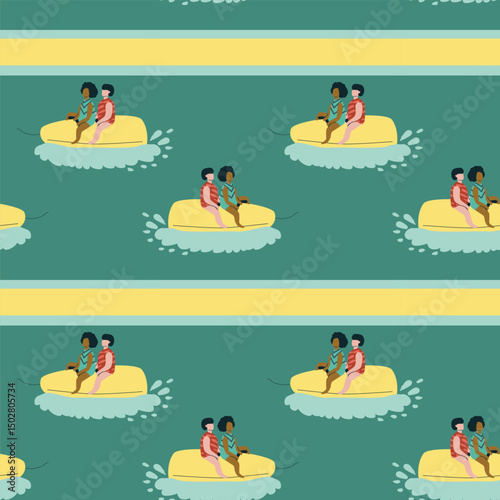Playful pattern of diverse children on water tubes in teal and yellow.