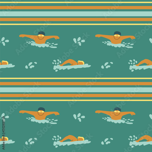 Seamless pattern of male swimmers in water with stripes.