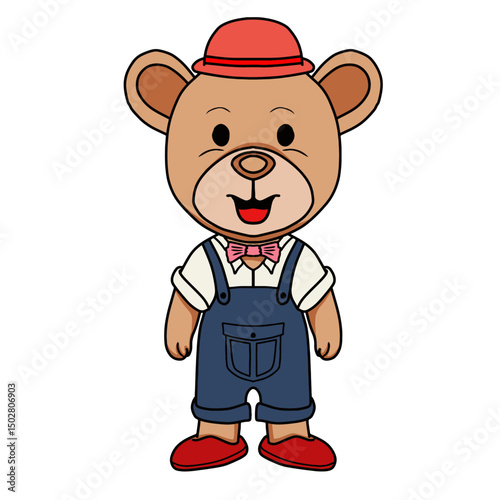 Hand drawn teddy bear with overalls vector illustration. Sketch style. Adorable teddy bear character on white background