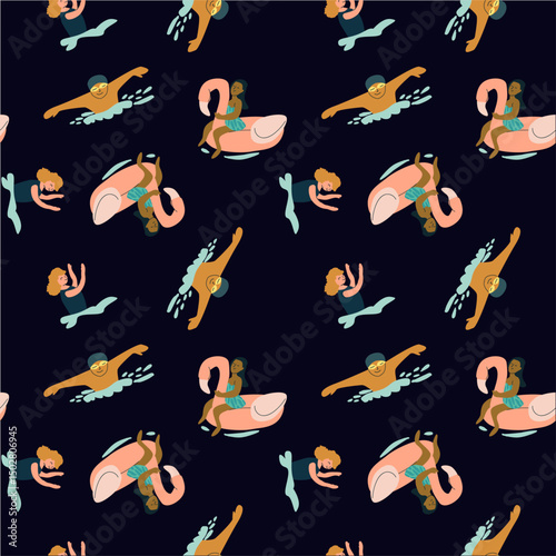 Colorful mermaid and sea creature pattern on dark background.