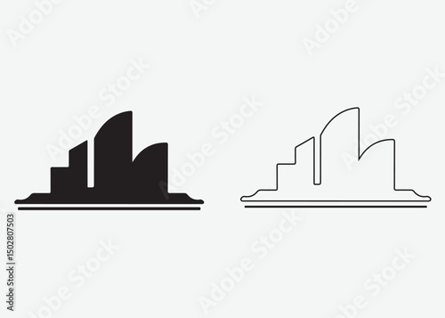 Modern Skyline Silhouette. Industrial Gearscape Logo. Solid black and outline versions symbolize modern architecture and urban landscapes.