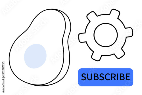 Avocado silhouette, gear symbol, and subscribe button representing technology, simplicity, and engagement. Ideal for food, technology, UX design, content creation subscription services minimalism