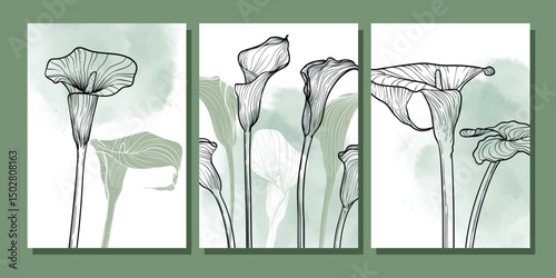 Elegant three high resolution vector calla lily flowers posters in detailed line art with green watercolor backgrounds. Perfect for botanical prints, wall decor, summer inspired digital designs.