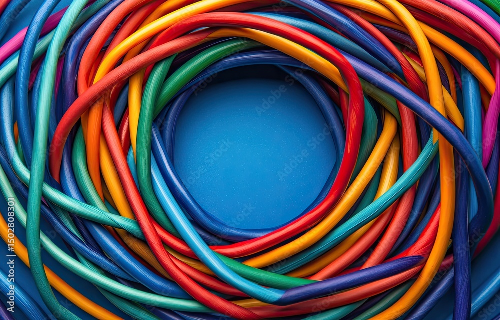 Colorful Cables in a Circle on Blue Background Colorful Cables in a Circle on Blue Background