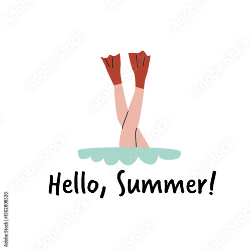 Diving flippers overhead in water with hello summer text.