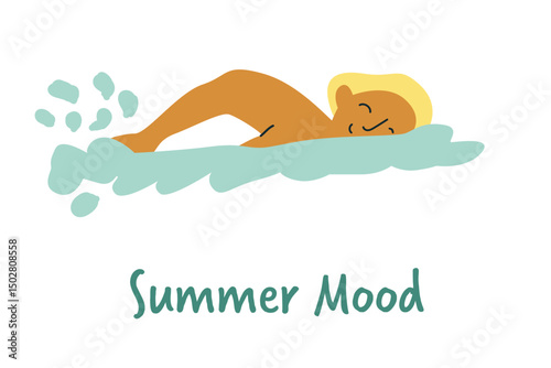 Cartoon illustration of a swimming male child with text "summer mood.