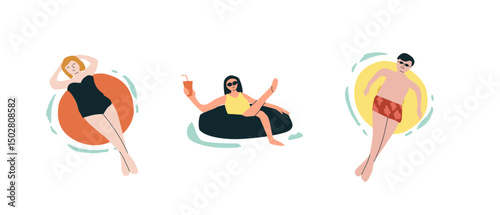 Three people relaxing in pool on inflatable tubes.