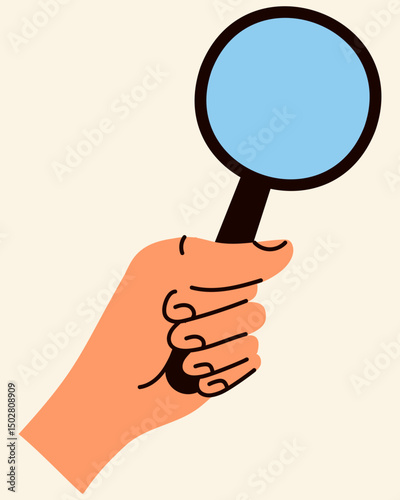 Hand holds a loupe. Search concept. Cartoon isolated vector illustration.