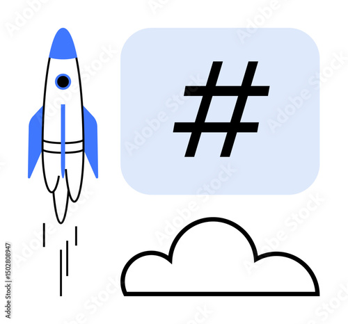 Rocket ascending alongside a metadata tag and cloud, symbolizing innovation, technology, social media, digital growth, startups, online trends, and creative progress. Ideal for entrepreneurship
