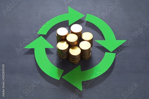 Circular Economy Financial Concept – Gold Coins with Green Arrows on Dark Background
