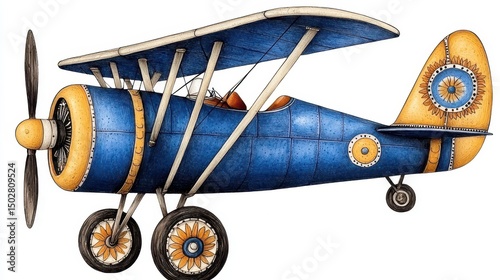 Vintage Blue and Yellow Biplane Illustration