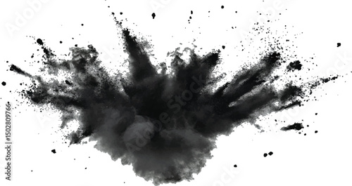 Black flying explosion on a white transparent background. Abstract powder splatted background. Black powder explosion on transparent background