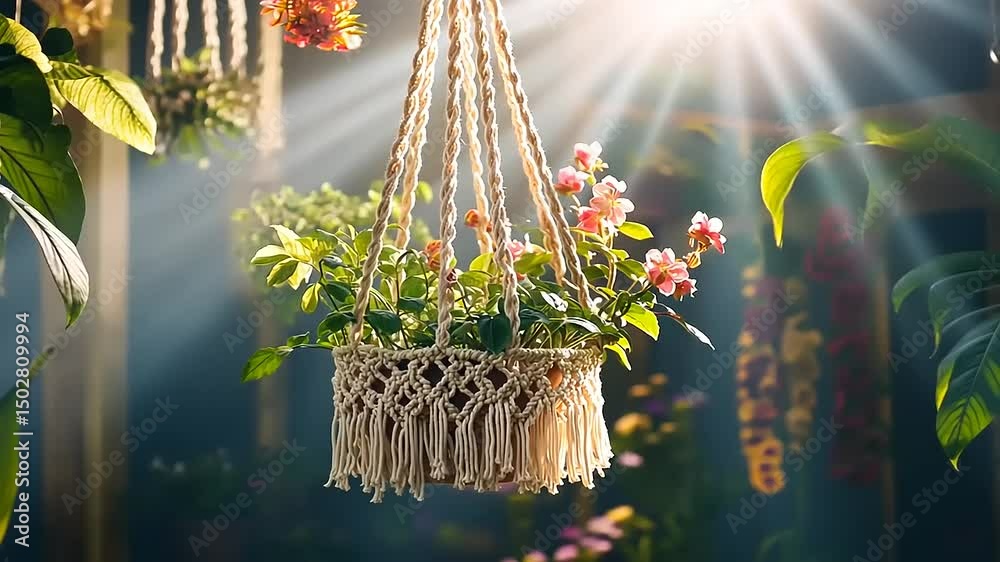 Hanging macram? planter with vibrant flowers illuminated by soft sunlight in a serene garden