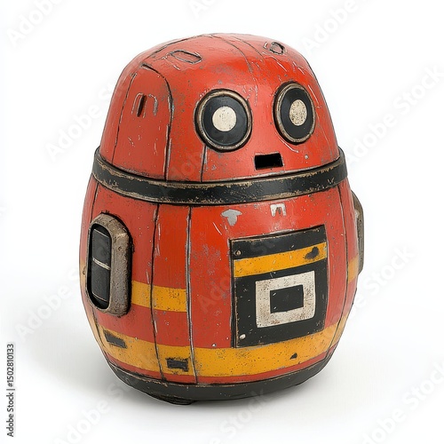Vintage Distressed Red Tin Robot Toy on White