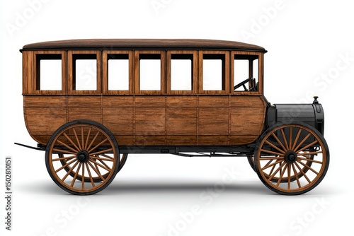 Vintage Dark Brown Wooden Bus Side Profile on White Background