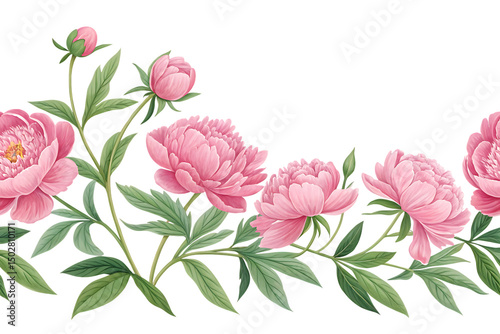 Fototapeta Naklejka Na Ścianę i Meble -  Pink peonies floral border png isolated on a white background