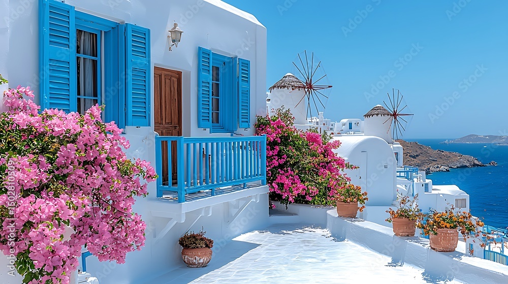 Fototapeta premium Scenic view of mykonos greece featuring blue shutters pink flowers and traditional windmills high resolution photo