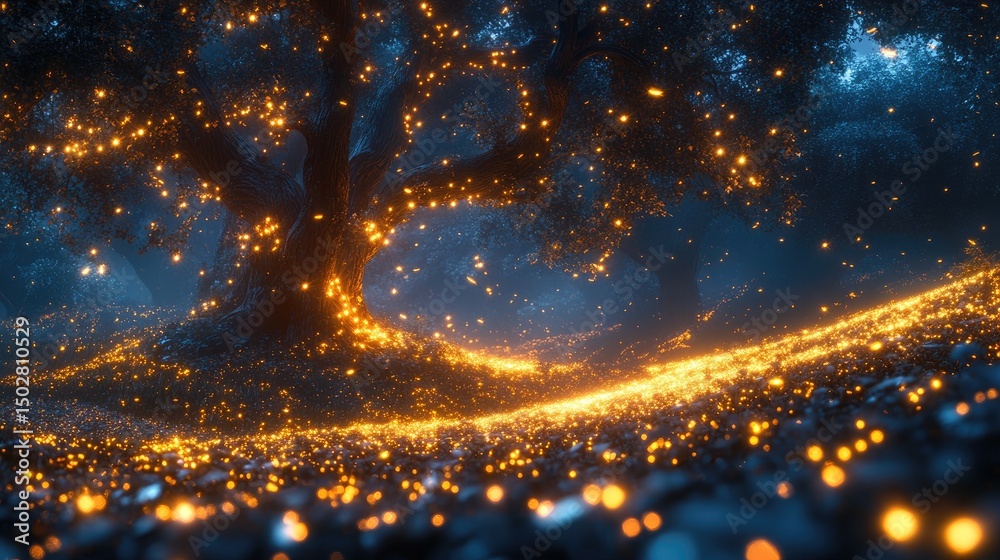 Naklejka premium A magical forest with glowing lights and an ancient tree creating a whimsical evening atmosphere filled with wonder