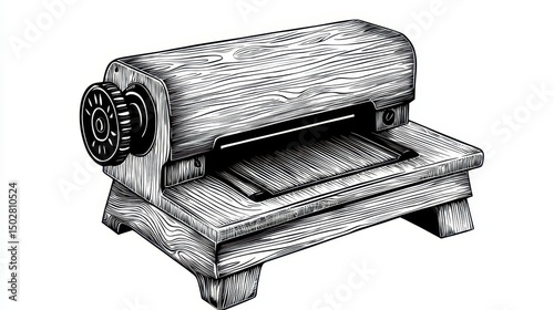 Vintage Metal Machine Illustration Black and White Technical Drawing of a Rectangular Device