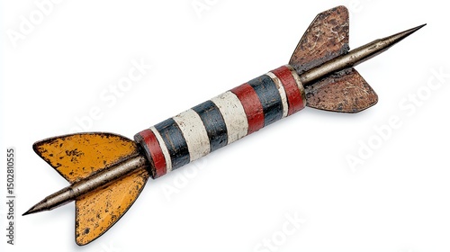 Vintage Multicolored Dart with Worn Wooden Barrel and Yellow Fletching on White Background