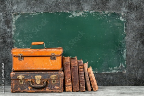 Vintage Orange Leather Suitcases and Antique Books Against a Weathered Green Chalkboard