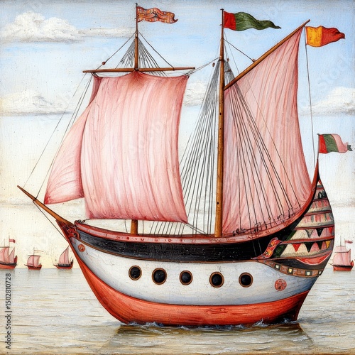 Vintage Painting of Ship with Pale Red Sails on Calm Sea Under Cloudy Skies