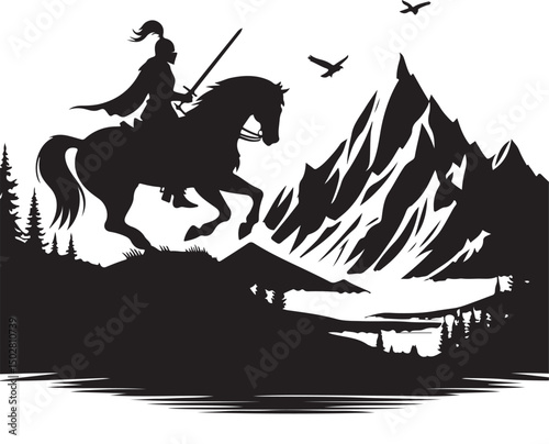 Knight on horseback on the rock silhouette image vector